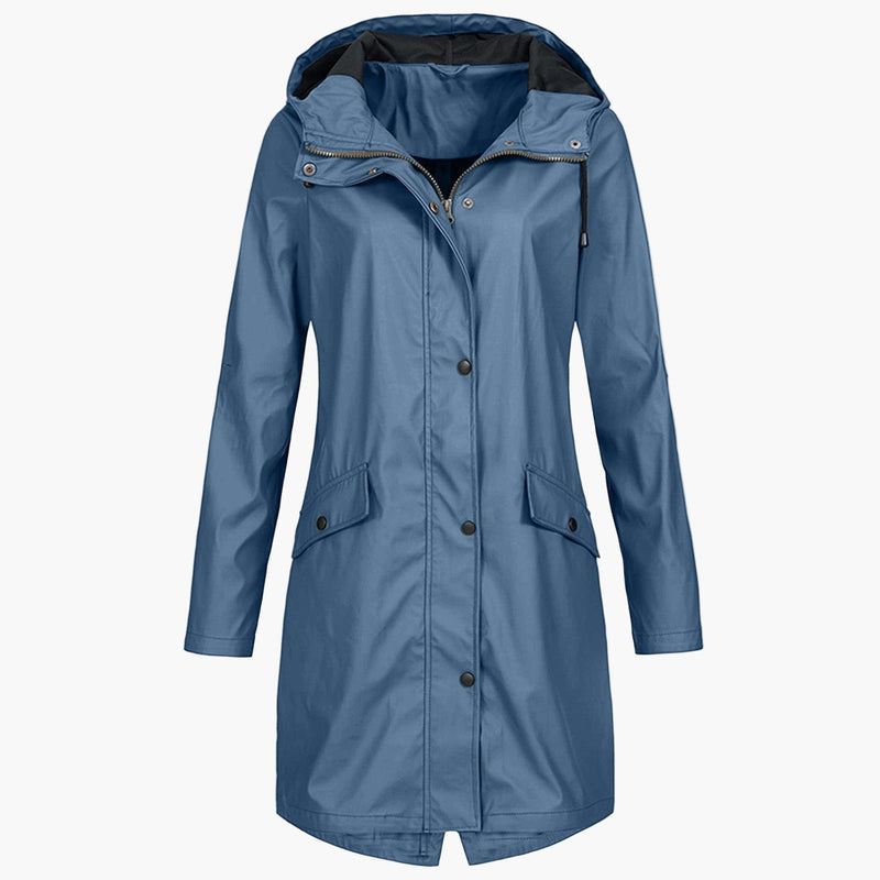 Women's Long Hooded Rain Jacket with Drawstring Waist in Blue
