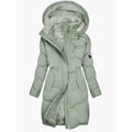 Sage green women's long hooded winter coat with plush lined hood