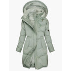 Sage green women's long hooded winter coat with plush lined hood