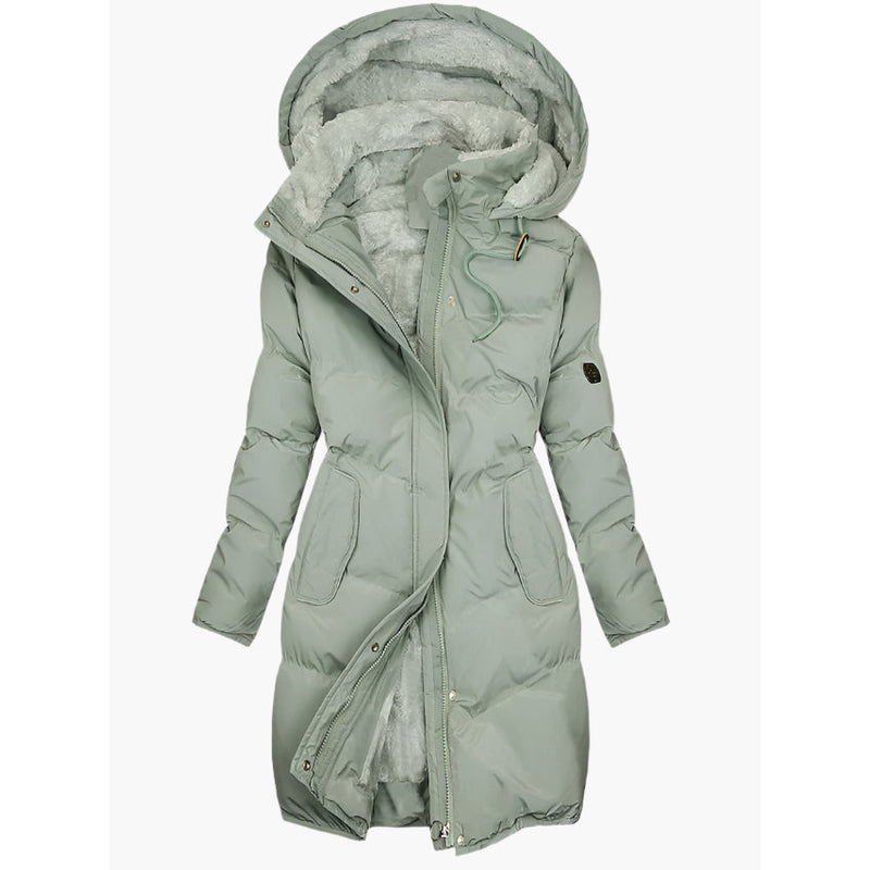 Sage green women's long hooded winter coat with plush lined hood