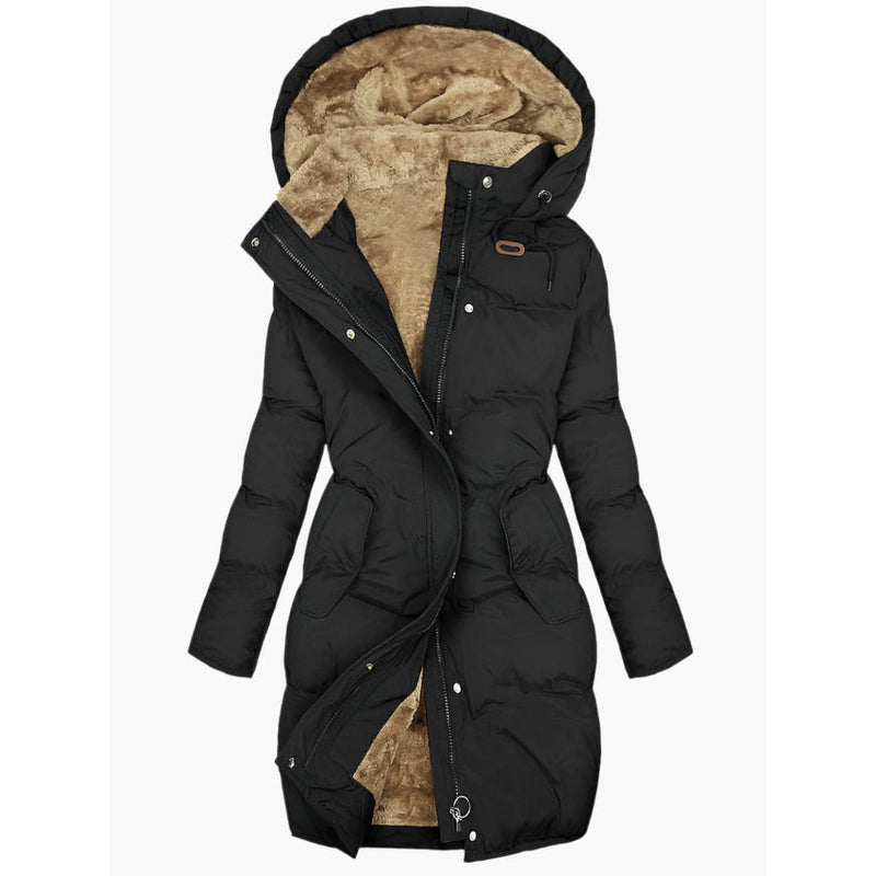 Black women's long hooded winter coat with plush lined hood