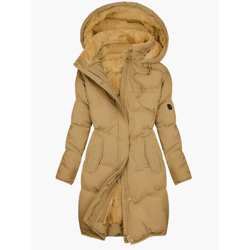 Mustard yellow women's long hooded winter coat