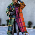 Women's Long Oversized Coat with Notch Lapel in Multicolor Plaid