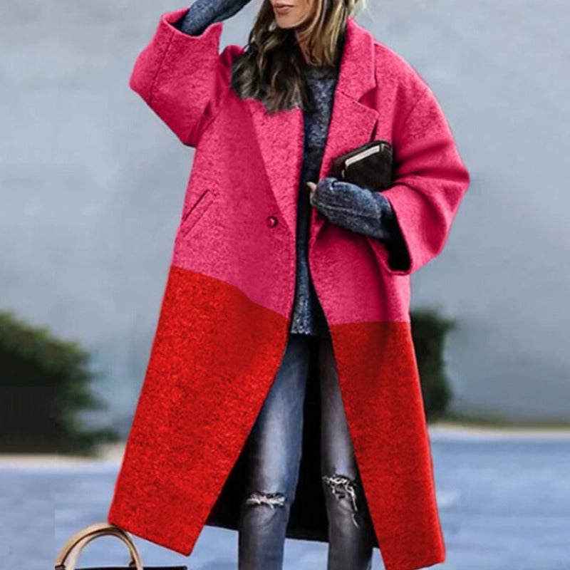 Women's Long Oversized Coat with Notch Lapel in Red