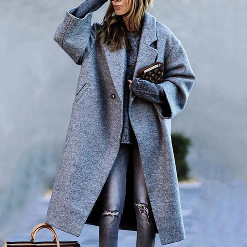 Women's Long Oversized Coat with Notch Lapel in Gray