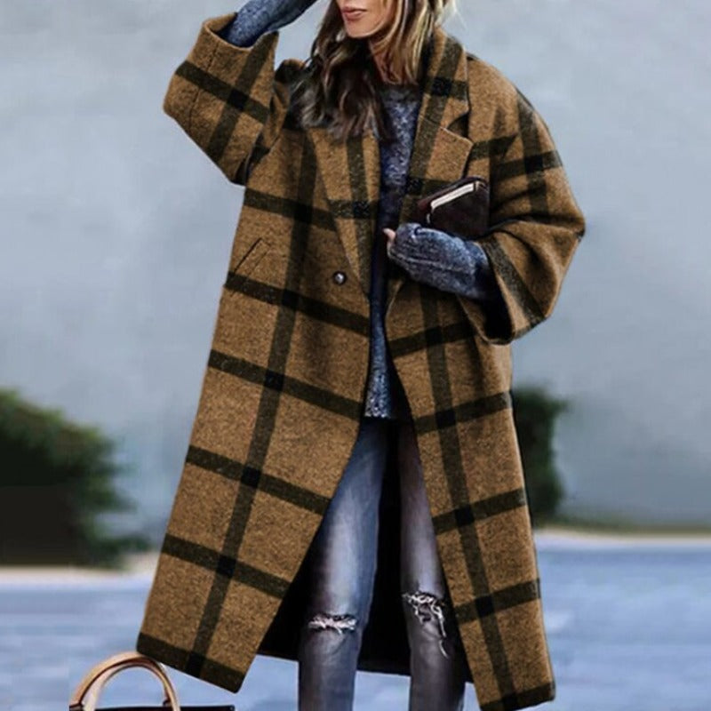 Women's Long Oversized Coat with Notch Lapel in Khaki