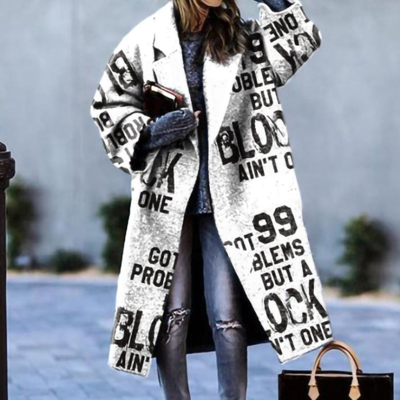 Women's Long Oversized Coat with Notch Lapel in White