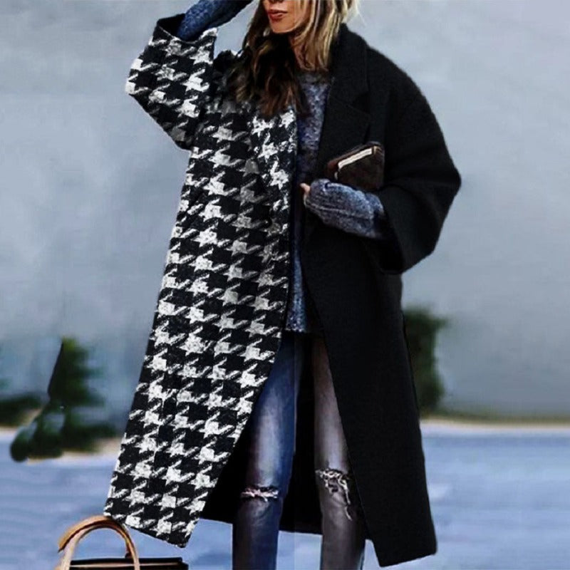 Women's Long Oversized Coat with Notch Lapel in Black