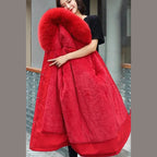 Women's long parka with faux fur hood in red – front view