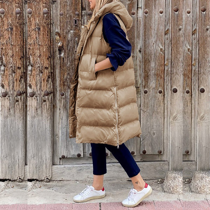 Women's long quilted hooded vest in khaki – front view
