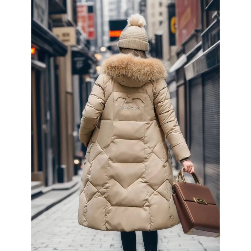 Back view of a khaki long quilted puffer coat