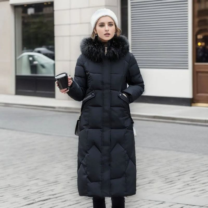 Black long quilted puffer coat with hood, front view