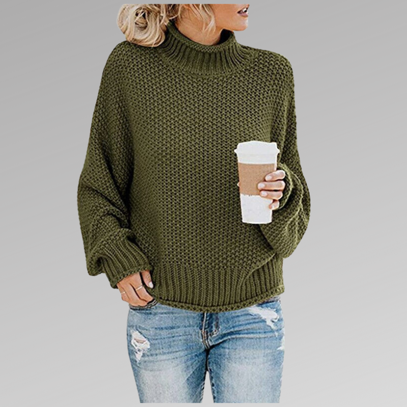 Woman in a green loose knit sweater