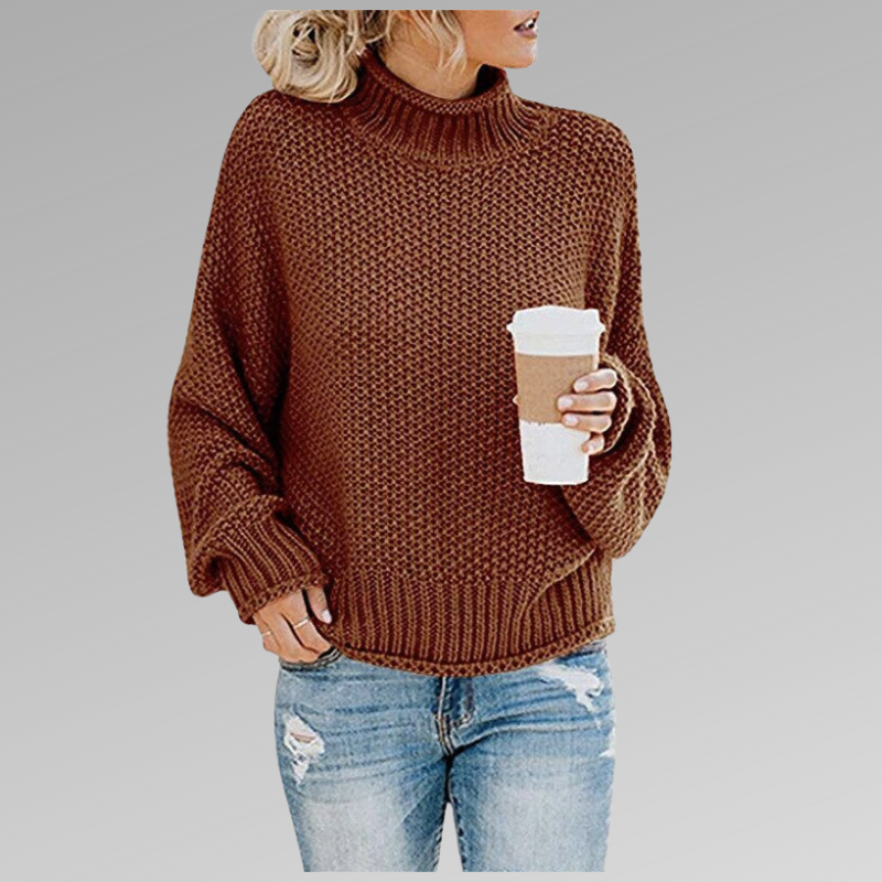 Woman in a brown loose knit sweater
