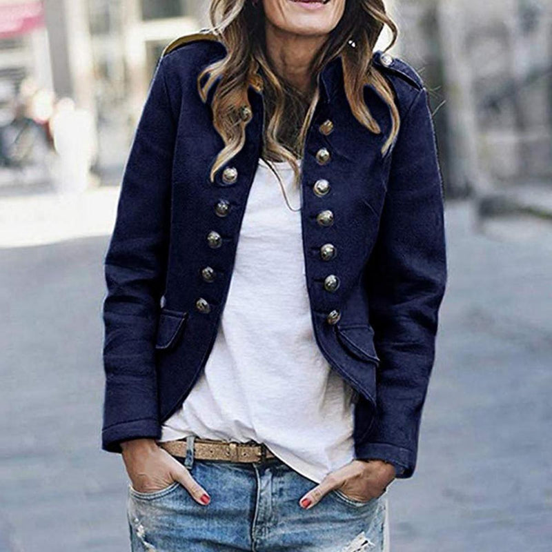 Women's Military Style Short Jacket with Button Front in Dark Blue