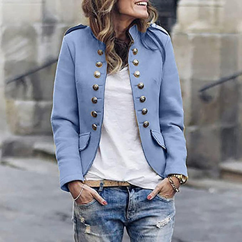 Women's Military Style Short Jacket with Button Front in Sky Blue