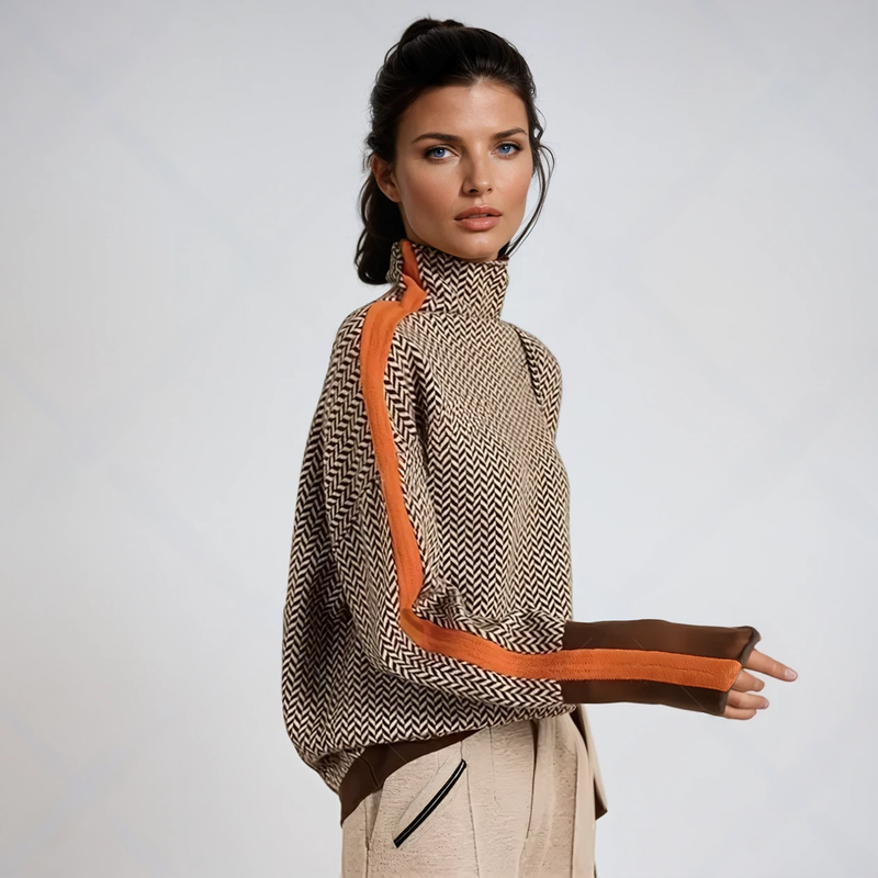 Women's Mock Neck Sweater with Contrast Stripes in Orange