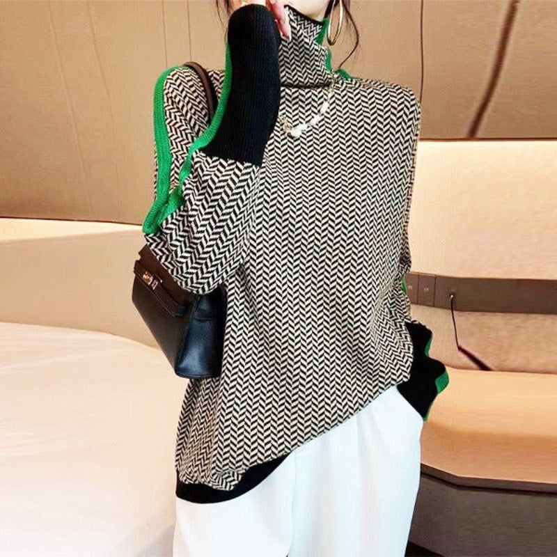 Women's Mock Neck Sweater with Contrast Stripes in Green