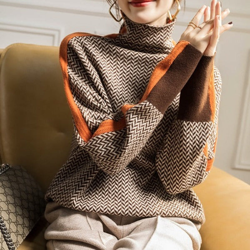Women's Mock Neck Sweater with Contrast Stripes – additional view 2