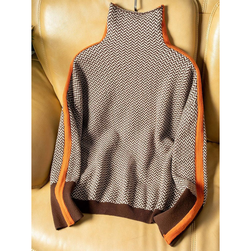 Women's Mock Neck Sweater with Contrast Stripes – additional view 3