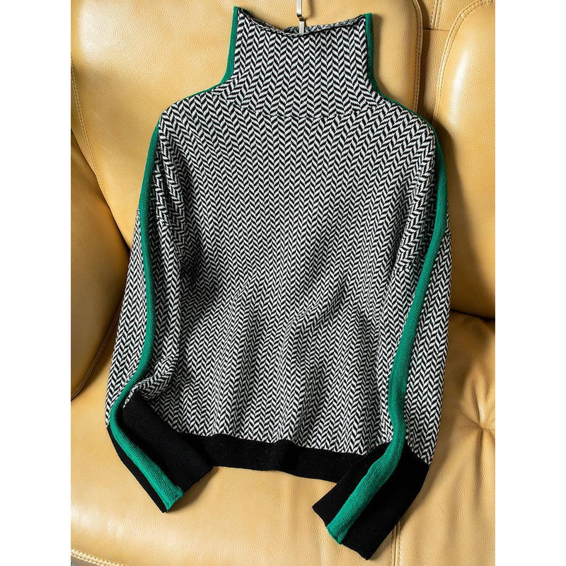Women's Mock Neck Sweater with Contrast Stripes – additional view 4