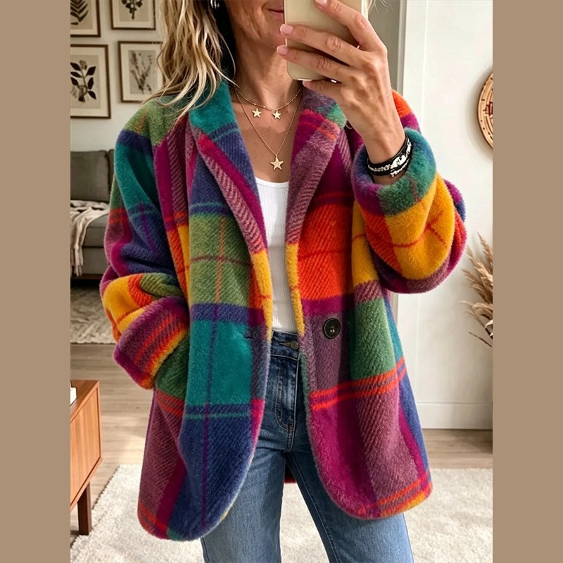 Women's Multicolor Plaid Coat with Pockets for Autumn