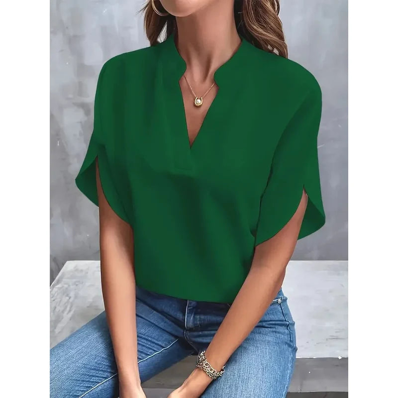 Women's Notch Neck Blouse with Petal Sleeves in Green