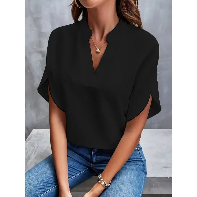 Women's Notch Neck Blouse with Petal Sleeves in Black