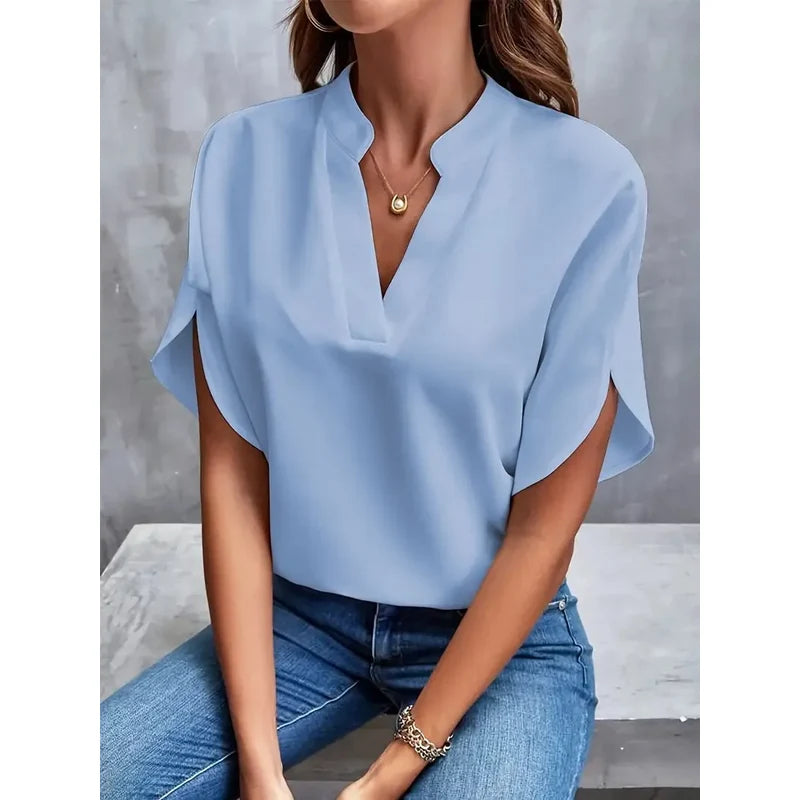 Women's Notch Neck Blouse with Petal Sleeves in Blue
