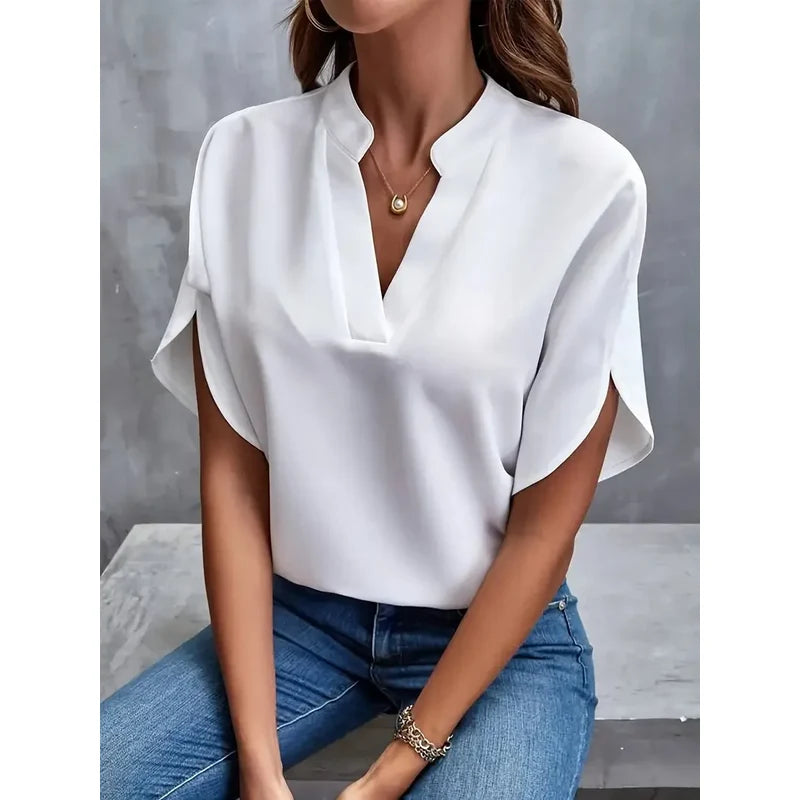 Women's Notch Neck Blouse with Petal Sleeves in White