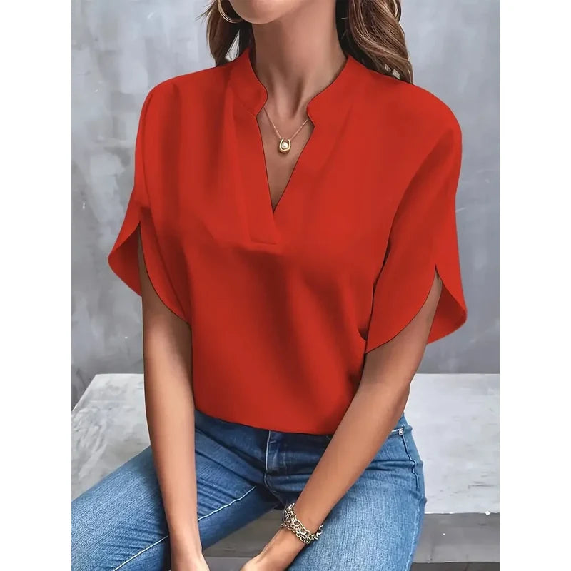 Women's Notch Neck Blouse with Petal Sleeves in Red