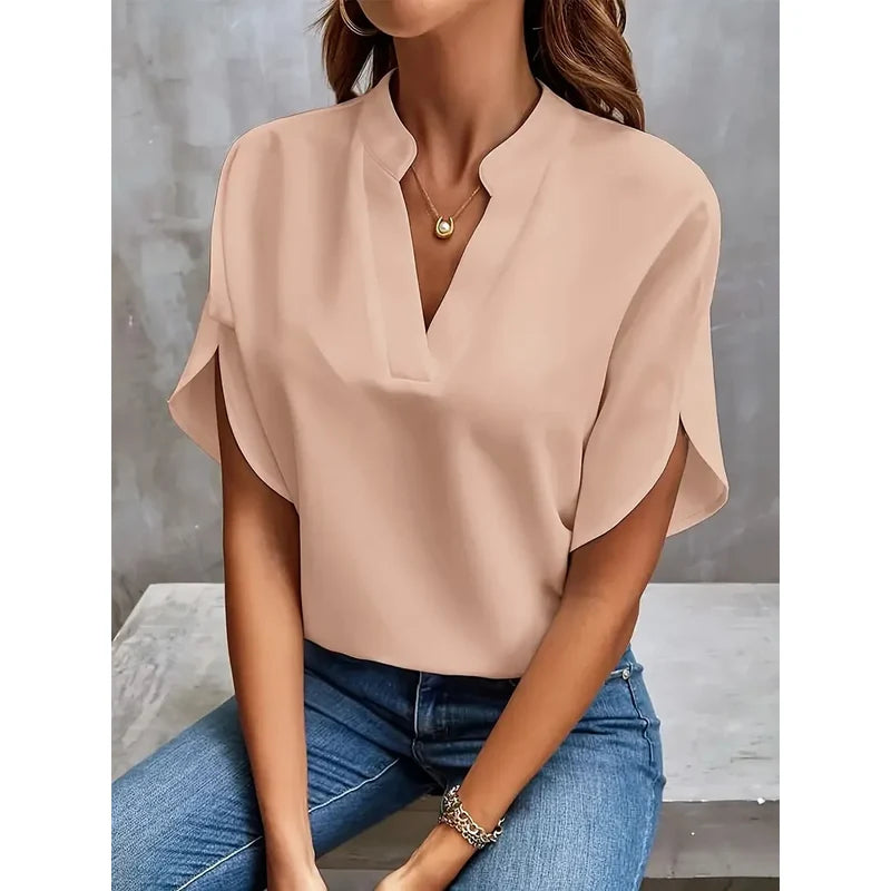 Women's Notch Neck Blouse with Petal Sleeves in Pink