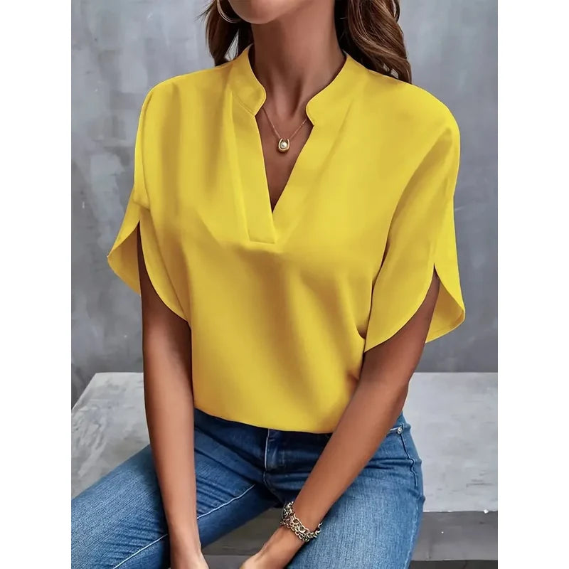 Women's Notch Neck Blouse with Petal Sleeves in Yellow