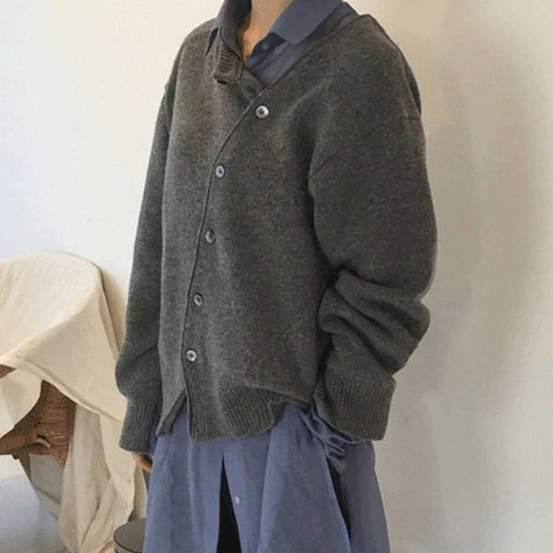 Women's oversized cardigan with asymmetric buttons – styled view 2