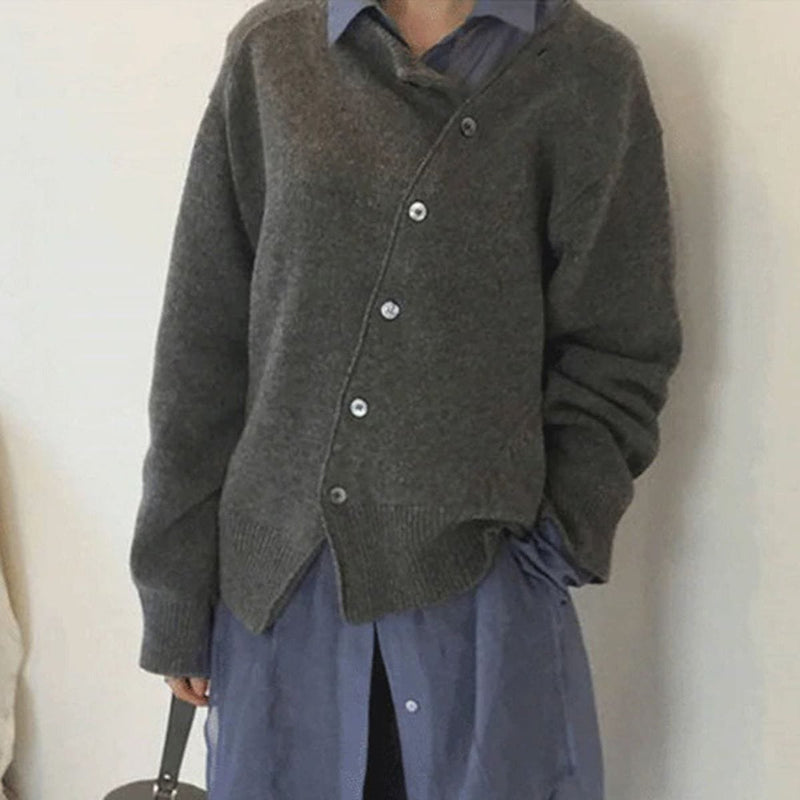 Women's oversized cardigan with asymmetric buttons in dark gray – front view
