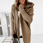 Women's oversized hooded cardigan with batwing sleeves in khaki – front view