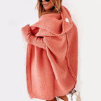 Women's oversized hooded cardigan with batwing sleeves in coral – front view