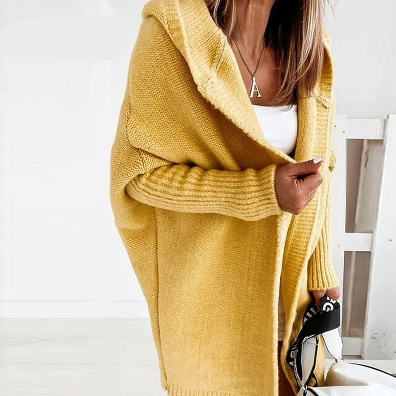 Women's oversized hooded cardigan with batwing sleeves in yellow – front view