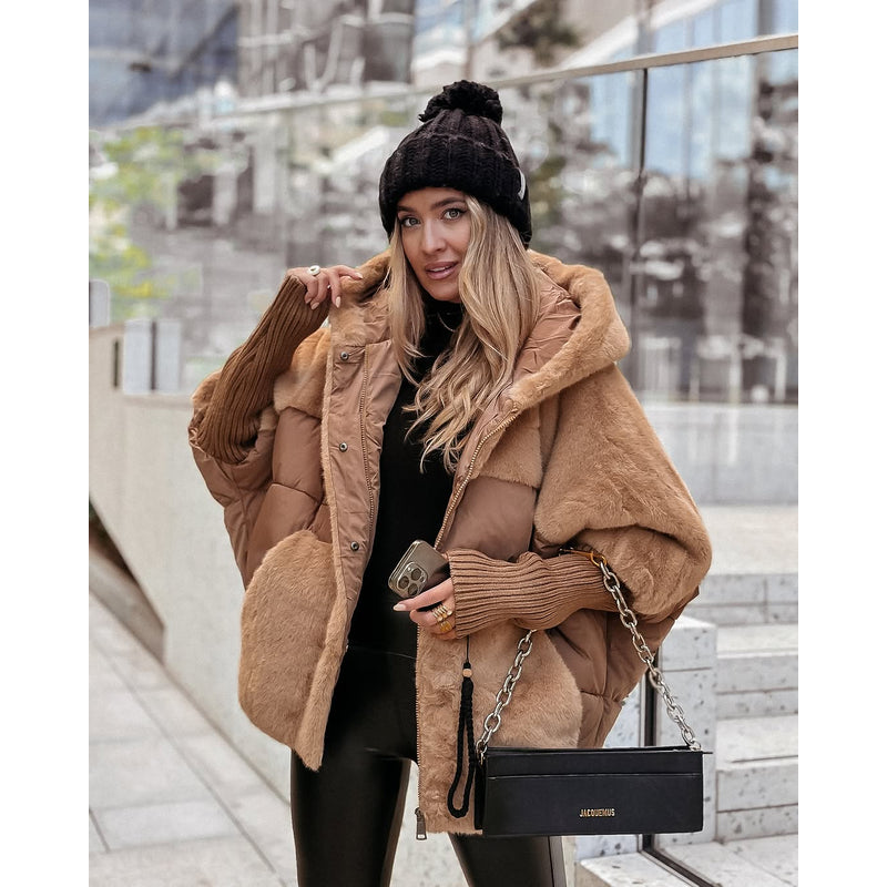 Women's Oversized Hooded Teddy Jacket in Light Brown