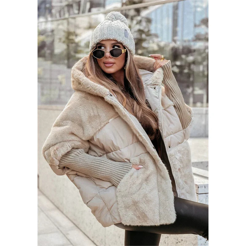 Women's Oversized Hooded Teddy Jacket in Beige