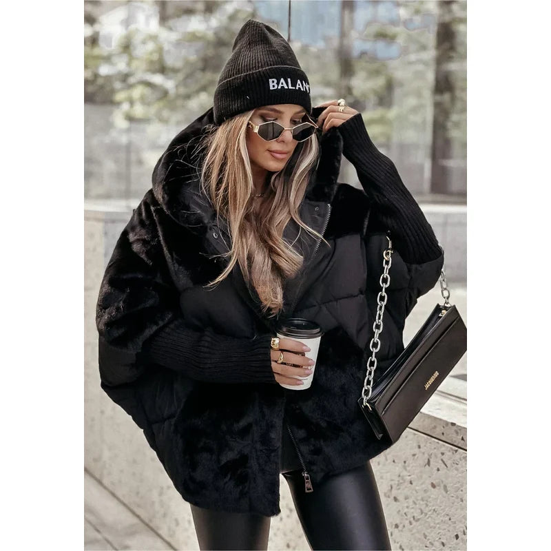 Women's Oversized Hooded Teddy Jacket in Black