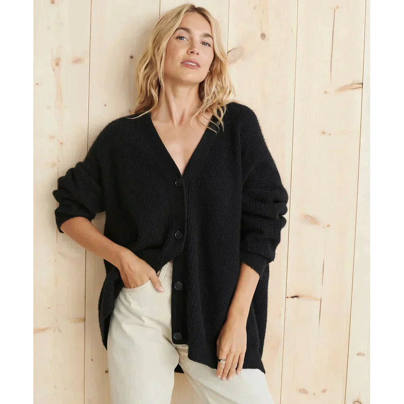 Women's Oversized Knit Cardigan with Deep V Neck in Black
