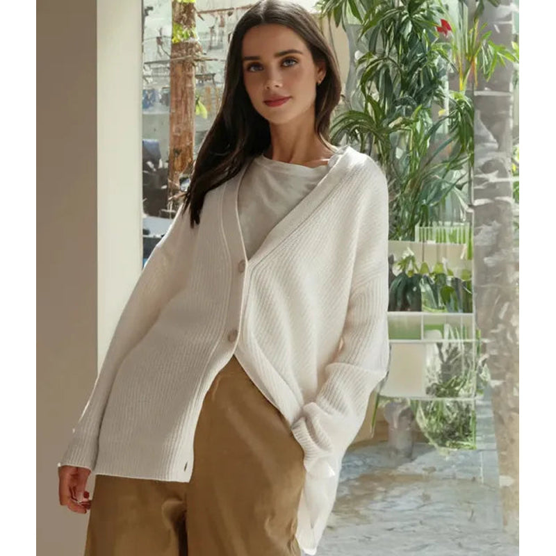 Women's Oversized Knit Cardigan with Deep V Neck in Beige