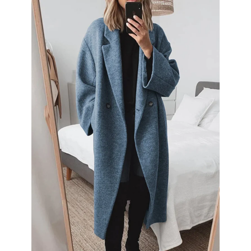 Women's Oversized Long Coat with Wide Lapels in Petrol Blue