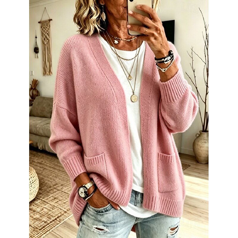 Women's Oversized Open Front Cardigan with Patch Pockets in Pink