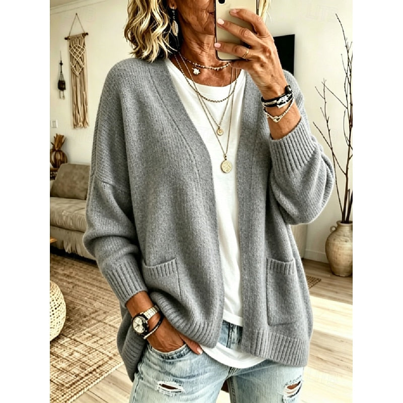 Women's Oversized Open Front Cardigan with Patch Pockets in Gray
