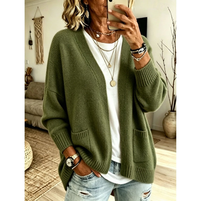 Women's Oversized Open Front Cardigan with Patch Pockets in Army Green