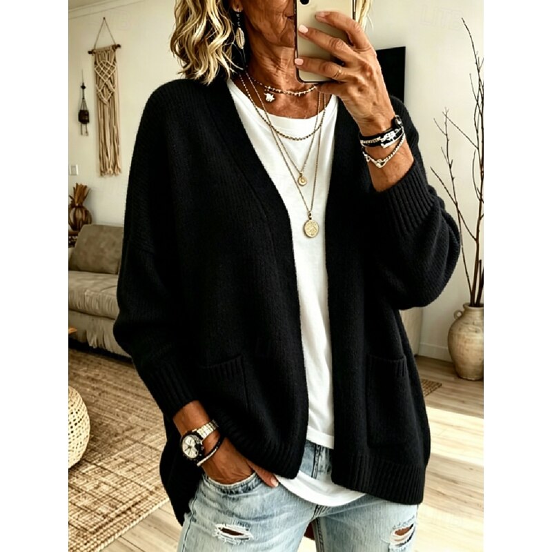 Women's Oversized Open Front Cardigan with Patch Pockets in Black