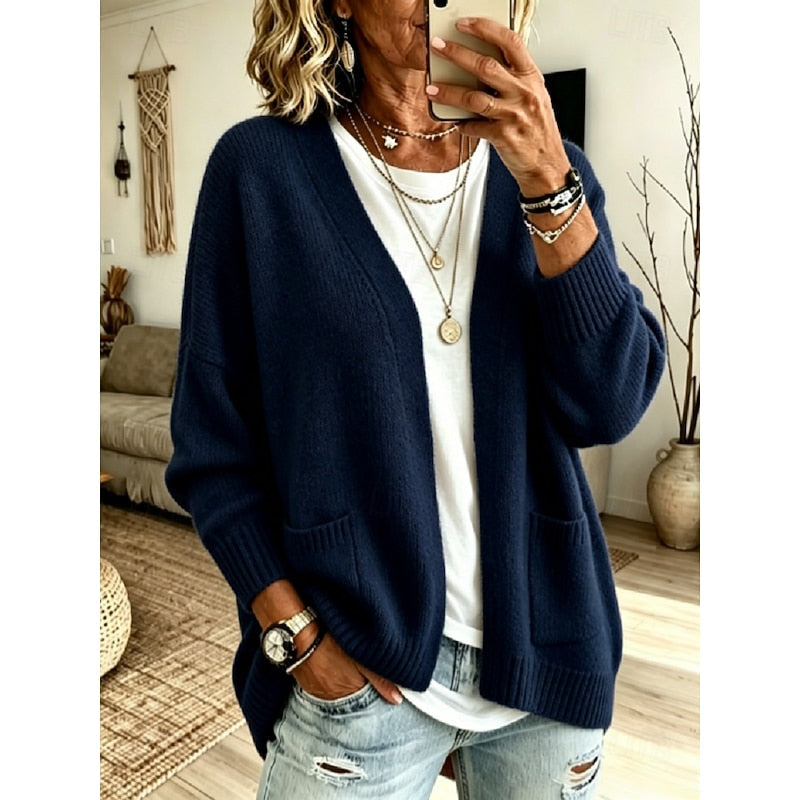 Women's Oversized Open Front Cardigan with Patch Pockets in Navy Blue