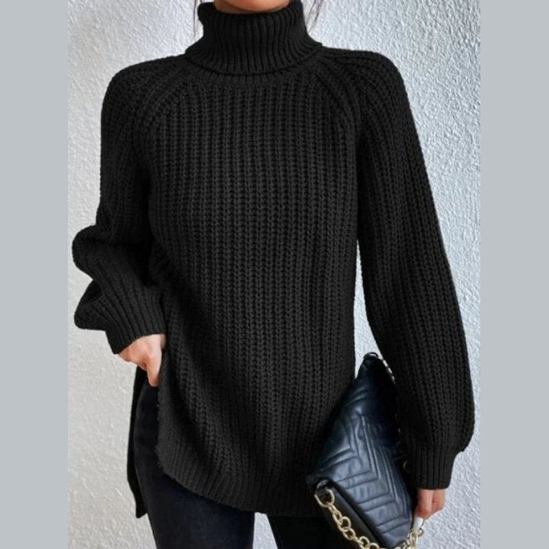Women's oversized turtleneck rib knit sweater in black – front view